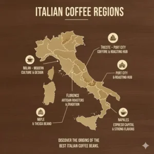 A regional map of Italy highlighting the areas famous for producing the best italian coffee beans.
