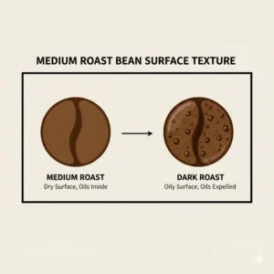 A comparison diagram showing the dry surface texture of medium roast espresso beans versus dark roast.