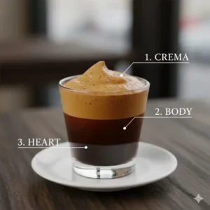 A diagram showing the layers of the best italian espresso including crema, body, and heart.