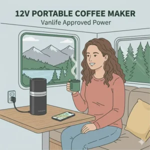 A person using a 12V portable device, the best coffee maker for motorhome users without an inverter.