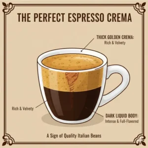 A cross-section of a cup showing rich crema produced by the best italian espresso coffee beans.