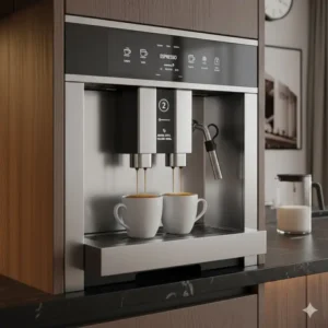 Fresh coffee pouring from the dual spouts of an espresso machine built in a modern apartment.