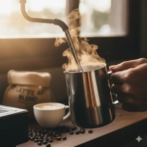 Fresh milk being steamed to a creamy texture to be mixed with the best coffee beans for latte