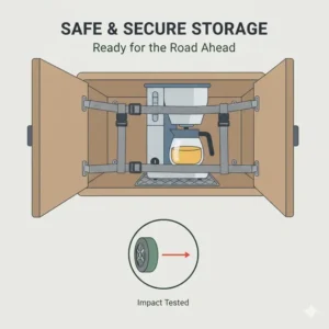 Illustration of safe storage straps holding the best coffee maker for motorhome securely in a cupboard.
