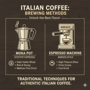 Graphic guide on how to brew the best italian coffee beans using a Moka pot and espresso machine.
