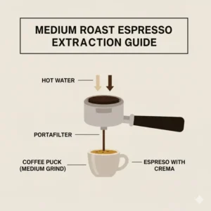 An illustration of the water extraction process through finely ground medium roast espresso beans.