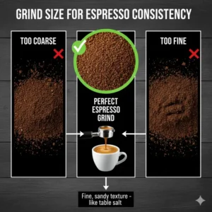 Visual guide showing the perfect espresso grind consistency when using the best coffee beans for cappuccino.
