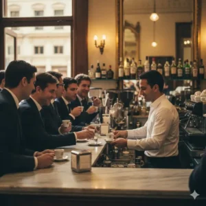 A barista serving the best italian espresso at a traditional standing coffee bar in Italy.