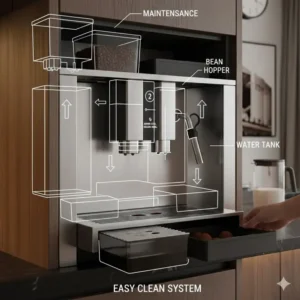 Illustration showing the removable water tank system of an espresso machine built in a wall unit.