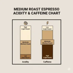 A chart displaying the balanced acidity and caffeine levels found in medium roast espresso beans.