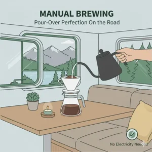 A manual pour-over set considered the best coffee maker for motorhome owners who prefer no electricity.