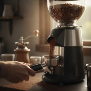 An electric grinder preparing the best italian espresso beans for a perfect morning brew.