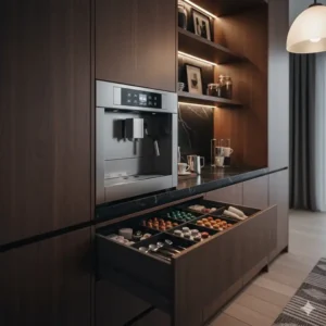 Organized coffee station featuring an espresso machine built in above a drawer for capsules.