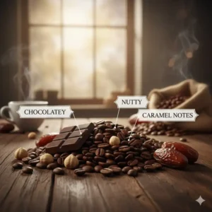 Illustration showing chocolate and nutty flavor profiles found in the best coffee beans for latte.