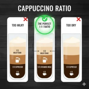 Diagram of the classic 1:1:1 ratio for a perfect drink made with the best coffee beans for cappuccino.