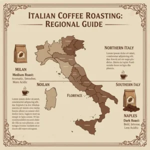 A map of Italy showing different roasting styles for the best italian espresso coffee beans.