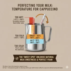 A temperature chart showing the sweet spot for milk when using the best coffee for cappuccino.