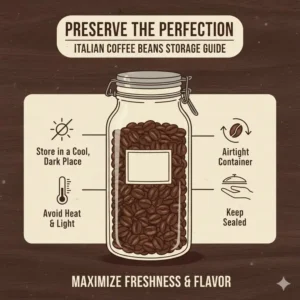 Visual instructions on how to store the best italian coffee beans in an airtight container for freshness.