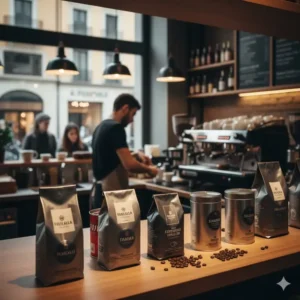 A professional display of the best italian espresso beans brands on a shelf in a Milanese cafe.
