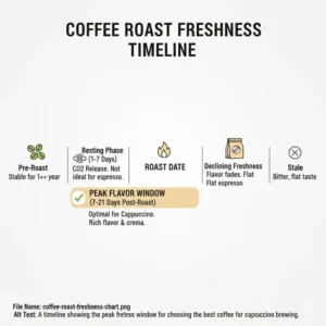 A freshness timeline indicating the peak flavor days for the best coffee for cappuccino.