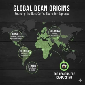 World map highlighting top regions like Brazil and Colombia that produce the best coffee beans for cappuccino.