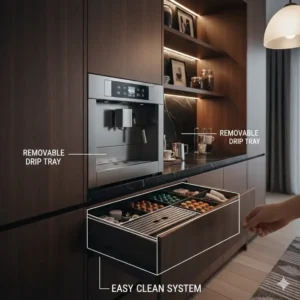 Cleaning and maintenance of the drip tray for an espresso machine built in a kitchen island