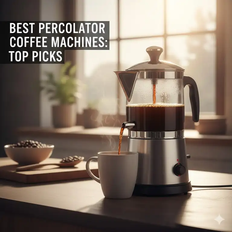 A premium stainless steel electric best percolator coffee machine brewing fresh coffee on a modern kitchen counter.