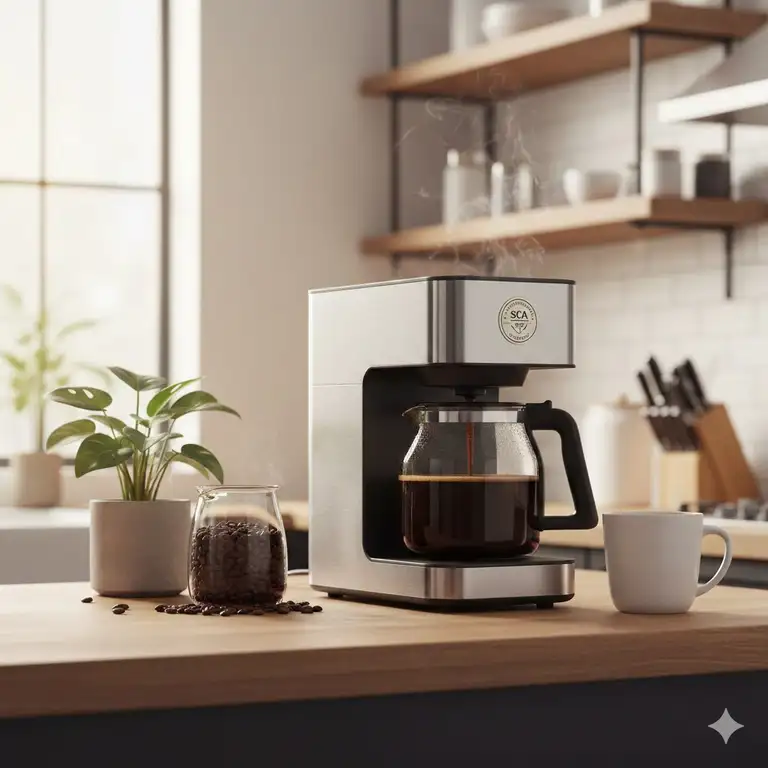 A high-end certified coffee maker brewing a fresh pot of craft coffee on a modern kitchen counter.