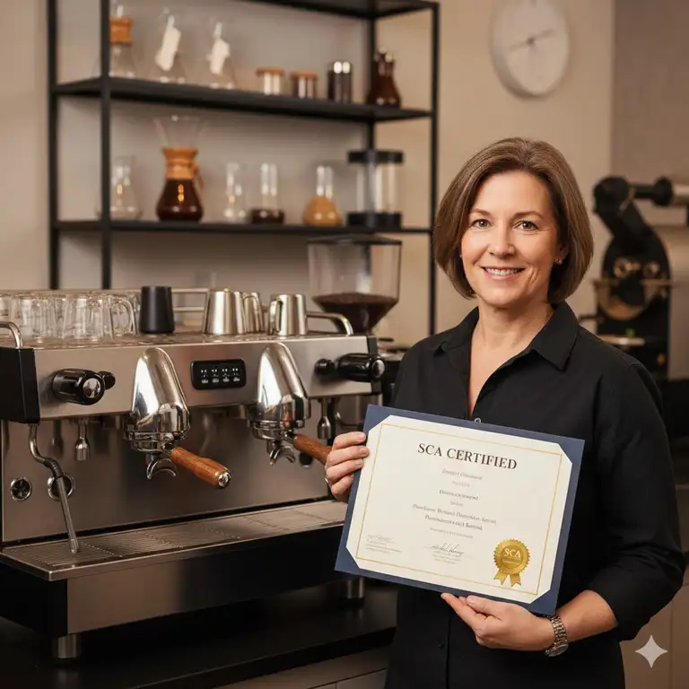 A professional barista holding a diploma after becoming sca certified in a modern cafe setting.