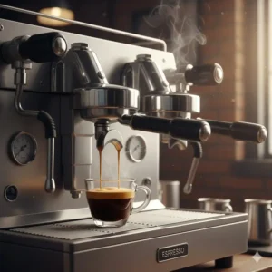 Close-up of a high-end commercial espresso machine, a core piece of barista equipment brewing fresh coffee.