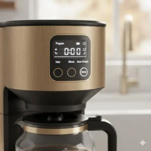 Close-up of the programmable digital interface on a modern gold coffee maker.