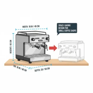 Detailed technical drawing showing the compact size of the best commercial espresso machine small coffee shop setup.