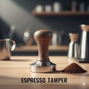 A stainless steel espresso tamper used as a fundamental barista tools for leveling coffee grounds.