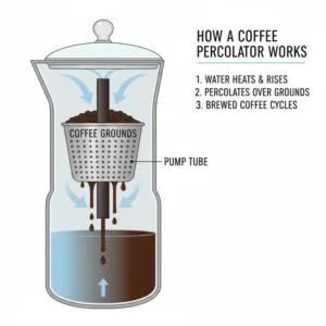 A diagram showing the internal water cycle of the best percolator coffee machine during the brewing process.