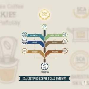 An infographic display of the professional coffee education modules to get sca certified in various disciplines.