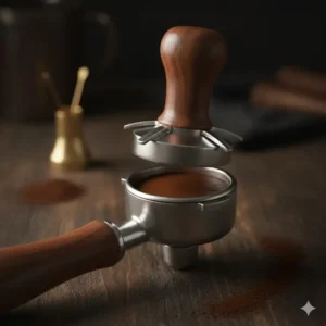 A close-up of a stainless steel tamper and distribution base, key espresso tools for coffee bed preparation.