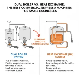 A comparison diagram of dual boiler systems in the best commercial espresso machine small coffee shop category.