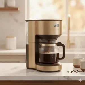 A stylish gold coffee maker brewing fresh coffee into a glass carafe during sunrise.