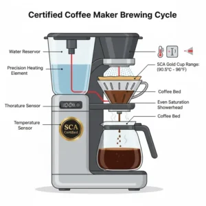 Detailed illustration showing the precise water temperature control in a certified coffee maker.