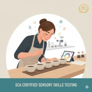 A specialist performing sensory analysis and cupping to achieve the sca certified sensory skills level.