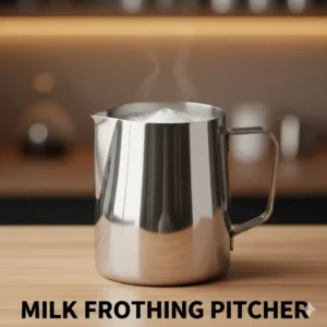 A professional milk frothing pitcher, an essential barista tools for creating latte art and microfoam.