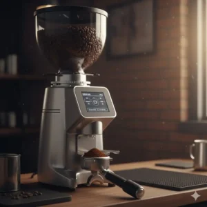 An electric burr coffee grinder showing precise grind settings for professional barista equipment setup.