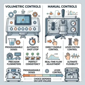 Illustration comparing volumetric programmable buttons and manual lever controls on the best commercial espresso maker.