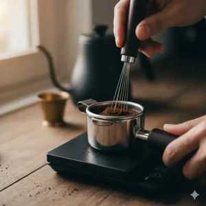 Using a WDT needle tool to declump coffee grounds, an important step using modern espresso tools.