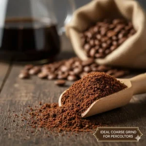 Close-up illustration of coarse coffee grounds ideal for the best percolator coffee machine results.