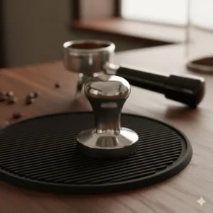 A stainless steel coffee tamper and silicone mat, essential barista equipment for perfect espresso extraction.