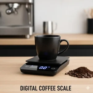 A high-precision digital coffee scale used as one of the critical barista tools to measure espresso yield.