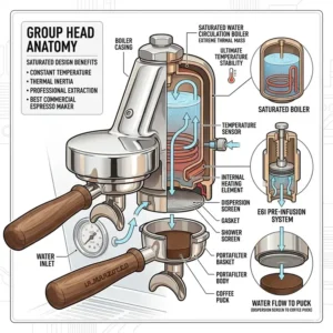 Detailed view of a saturated group head, a key feature in the best commercial espresso maker models for heat retention