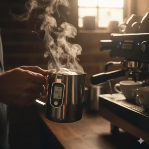 A stainless steel milk frothing pitcher with a thermometer, basic espresso tools for latte art.