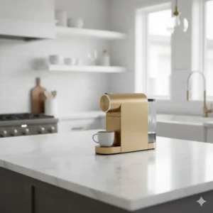 Sleek gold coffee maker in a minimalist white kitchen setting for a touch of elegance.
